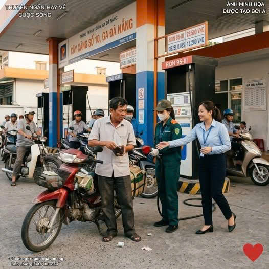 Một người đàn ông đi chiếc xe máy cũ kỹ, lục túi mãi không đủ tiền đổ xăng. Người phụ nữ (nhân viên văn phòng) đi phía sau nói với nhân viên: “Đổ đầy bình cho anh ấy, tính vào hóa đơn của tôi. Tôi vừa được sếp thưởng vì thành tích tốt.” Thế nhưng, phản ứng của người đàn ông sau đó mới là điều khiến tất cả những người có mặt tại cây xăng hôm ấy phải sững sờ. Giữa cái nắng gắt và dòng người hối hả, một quyết định bộc phát đã vô tình mở ra một sợi dây liên kết mà chính cô cũng không ngờ tới.